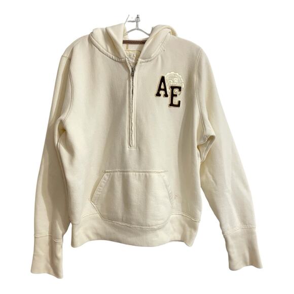 American Eagle Outfitters Tops - American Eagle Sweatshirt Women Size XL Ivory 1/4 Zip Hoodie Vintage Y2K